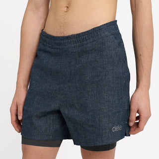 close front view of ciele athletics WRKShort unisex running and technical short from the Lifestyle Edition collection, in denim indigo color, on a model