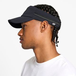 side view of the ciele athletics TRLCap unisex running visor with a curved brim in black color, on a model