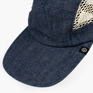 detail brim view of ciele athletics GOCap longbrim unisex running hat with longer brim from the Lifestyle Edition collection, in denim indigo color