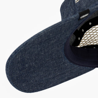 detail underbrim view of ciele athletics GOCap longbrim unisex running hat with longer brim from the Lifestyle Edition collection, in denim indigo color