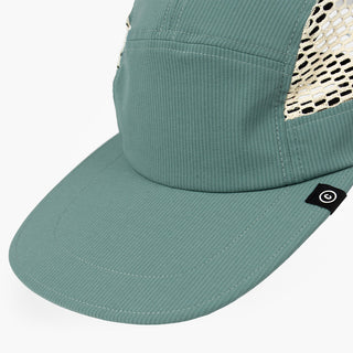 detail brim view of ciele athletics GOCap longbrim unisex running hat with longer brim from the Lifestyle Edition collection, in silver pine color